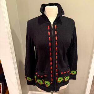 Vintage Christmas Wreath Zip Sweater Plaid Ribbon Applique Beaded Sz Lrg Black